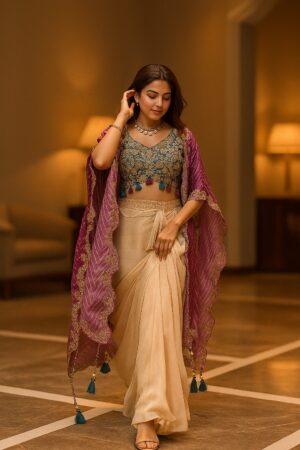 Evenfall Regal Silk Draped Lehenga Set - Midnight Teal